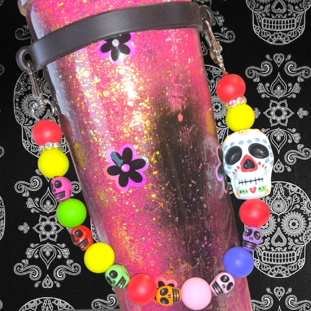 VERY UNIQUE TUMBLER Sugar Skull Beaded Carry Strap Accessory